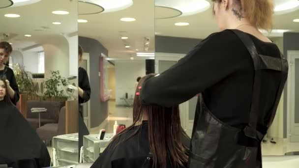 Kapper bereidt dames haar voor de procedure — Stockvideo