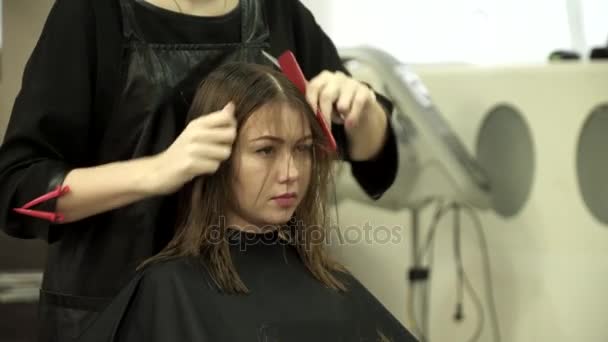 Cabeleireiro está cortando cabelo para uma jovem mulher no salão de cabeleireiro — Vídeo de Stock