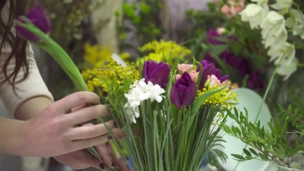 Ανθοκόμος κάνει ανθοδέσμη με closeup mimosa και τουλίπα — Αρχείο Βίντεο