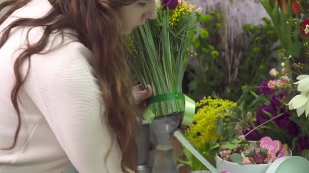 Florista está adicionando a fita para o buquê de mimosa, rosa e tulipa — Vídeo de Stock