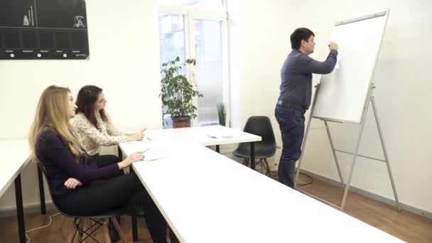 Adam konuşma teslim ve beyaz tahta flipboard yazma — Stok video