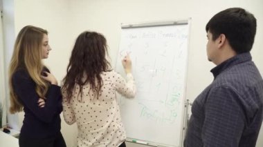 Ofis çalışanları ekibi beyaz tahta ofiste çevresinde toplanan