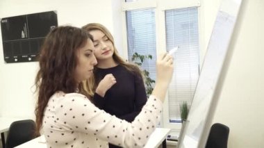 Ofis çalışanları ekip konferans odasında beyaz tahta çevresinde toplanan