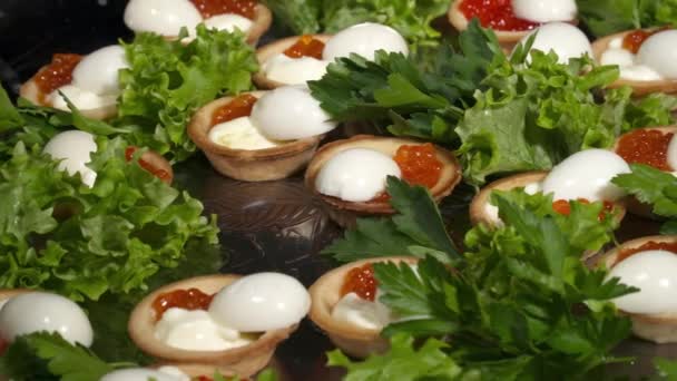 Tasty toasts with caviar on the plate closeup — Stock Video