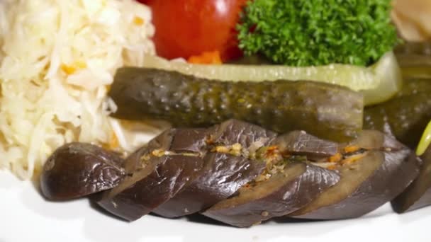 Set of pickled vegetables with herbs closeup — Stock Footage Set of pickled vegetables with herbs closeup Stock Video