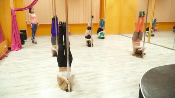 Groupe de belles femmes ayant une formation sur le poteau dans le studio de danse — Video