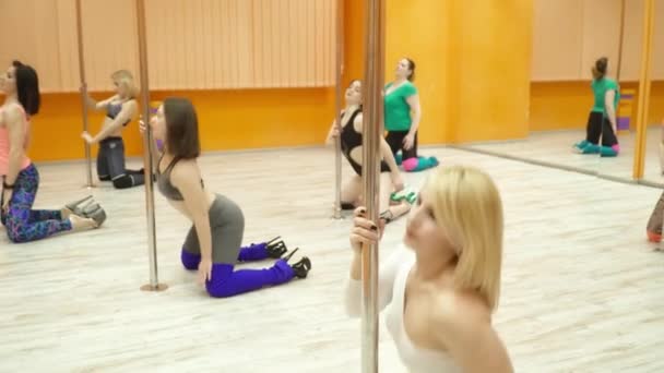 Pole dance group training in the dancing club — Stock Video
