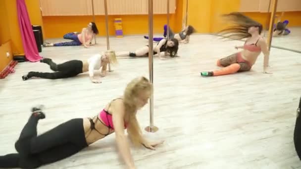 Lindas mulheres jovens dançando no poste — Vídeo de Stock