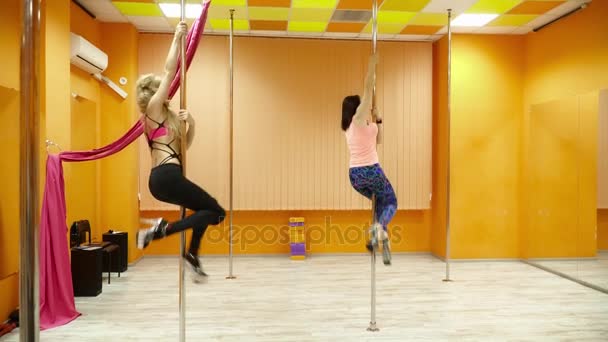Unga vackra kvinnor dansar på stolpen synkront och stretching — Stockvideo