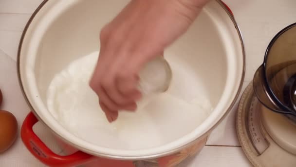 Mujer añadiendo leche a la olla — Vídeo de stock