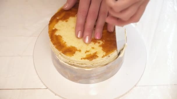 Женские руки, покрывающие стороны торта кремом — стоковое видео