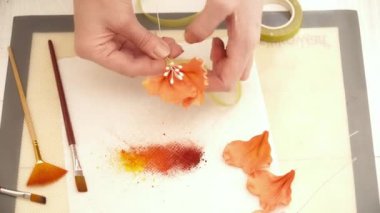 Closeup kadının el çiçek pasta dekorasyon için oluşturma