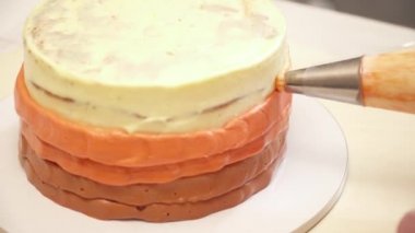 Closeup decarating çantasından bir krem ile bir pasta