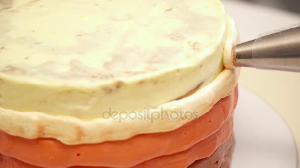 Pastel de decoración con crema de la bolsa de pastelería — Vídeo de stock
