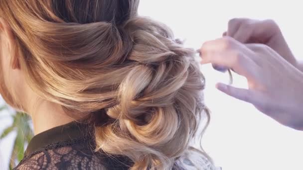 Coiffeurs mains créant une coiffure pour une belle femme dans le salon — Video