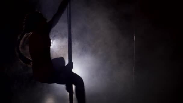 一个年轻的女人跳舞有杆的剪影 — 图库视频影像