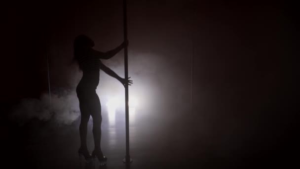 Silhouet van een vrouw in de buurt van de paal dansen — Stockvideo