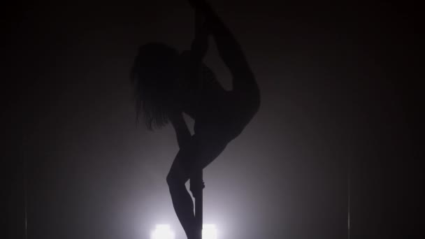 Silhouette di una giovane donna che balla con il palo slow motion — Video Stock