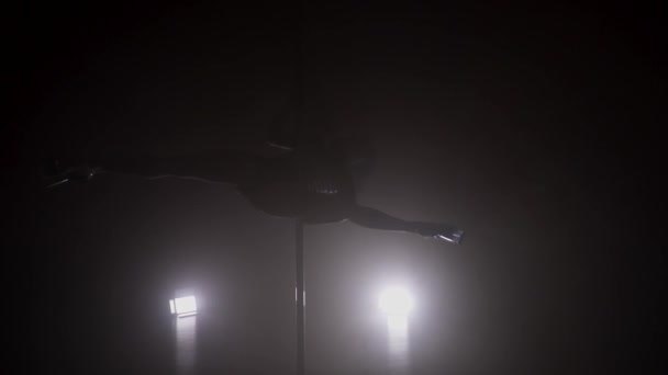 Silhouet van een slanke vrouw die zich uitstrekt over de slowmotion pole — Stockvideo