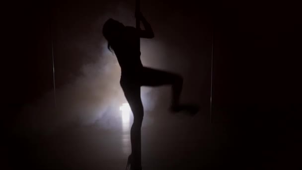 Silhueta de uma mulher magra dançando com o pólo câmera lenta — Vídeo de Stock