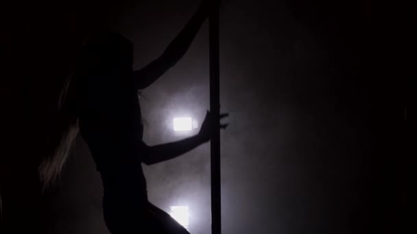 Silhouette di una giovane donna danzante sul palo slow motion — Video Stock