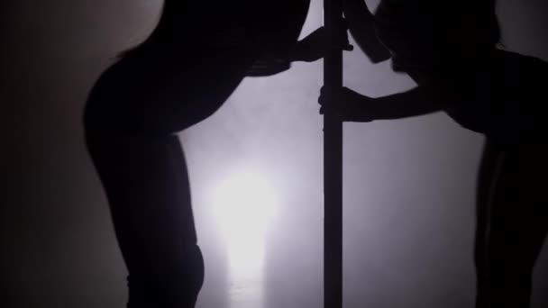 Silhouette of two women dancing on the pole closeup — Stock Video