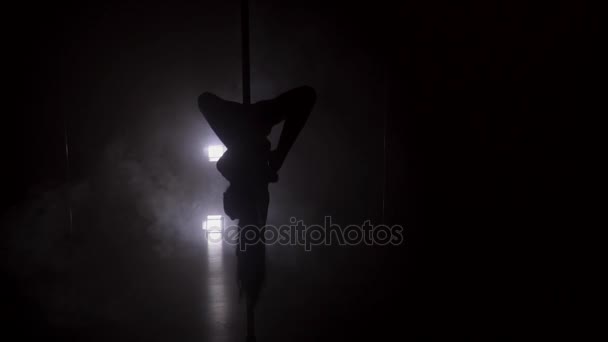 Silhouette of a slim woman dancing upside down on the pole slow motion — Stock Video