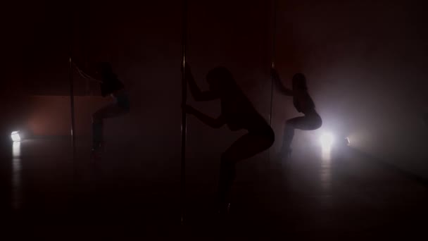 Silhouet van drie slanke vrouwen die dansen in de buurt van de paal — Stockvideo