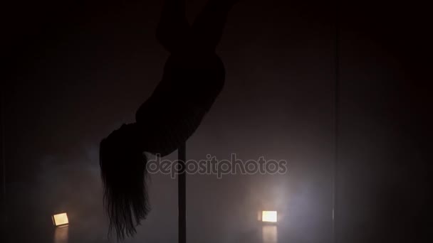 Silhouette of a slim woman dancing with the pole — Stock Video