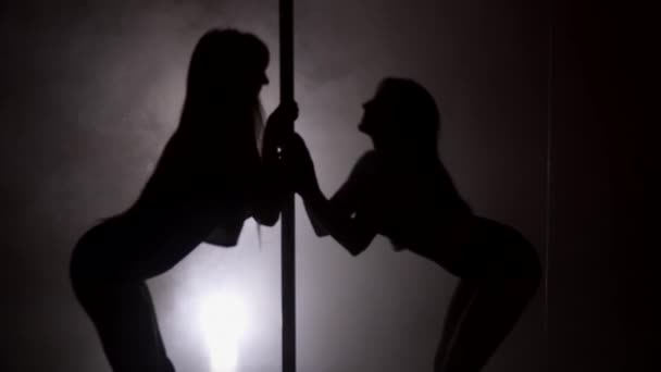 Silhouet van twee jonge vrouwen die dansen op de paal — Stockvideo