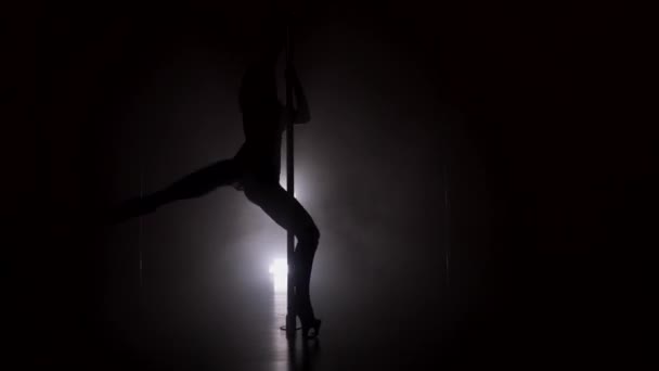 Silhouette of a slim woman dancing near the pole in strip shoes in smoke — Stock Video