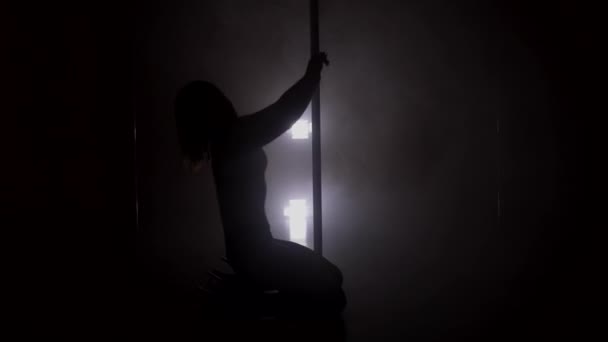 Siluet seorang wanita menari di dekat tiang sepatu telanjang dalam asap — Stok Video