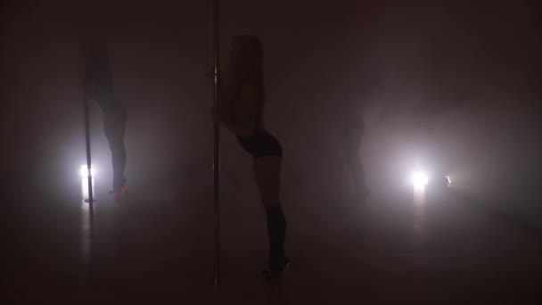 Silhouette of three slim women dancing near the poles — Stock Video