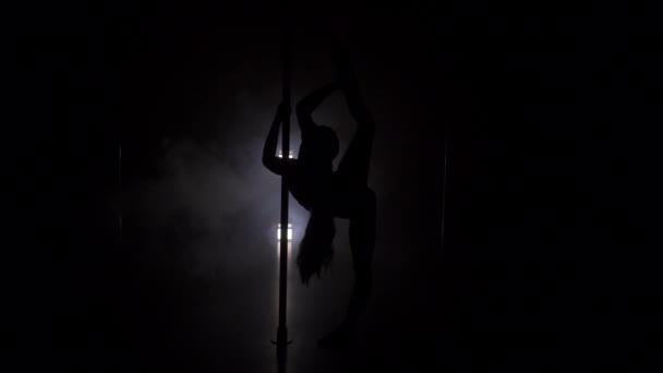 Young womans silhouette dancing near the pole in strip shoes slow motion — Stock Video