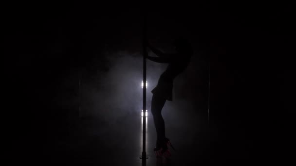 Young slim womans silhouette dancing near the pole in the studio — Stock Video