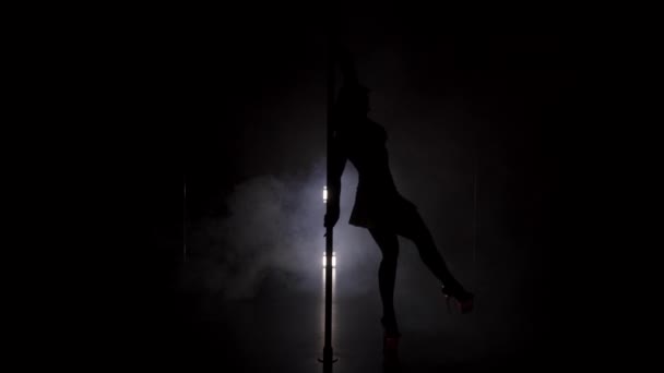 Jonge slanke dames silhouet in de rok dansen in de buurt van de paal — Stockvideo