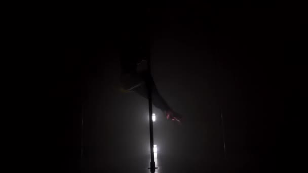 Schlanke Frauensilhouette im Rock, der in der Nähe der Stange tanzt — Stockvideo