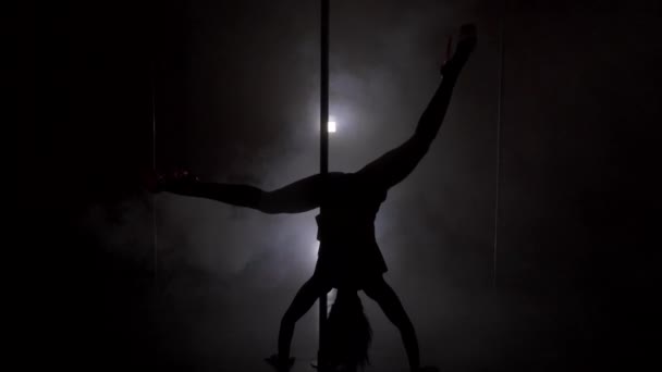 Mladý štíhlý Dámská silueta v sukni tančí poblíž pólu vzhůru nohama — Stock video