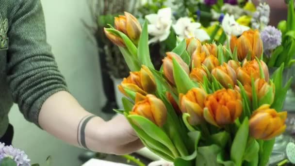 Floristería creando un hermoso ramo con tulipanes — Vídeo de stock