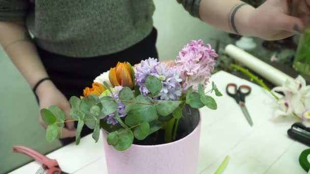 Fiorista creando un bellissimo bouquet nella scatola nel negozio di fioristi — Video Stock