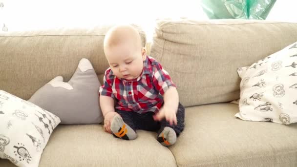 Маленький милый мальчик сидит на диване — стоковое видео