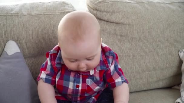 Pequeño lindo bebé niño sentado en el sofá primer plano — Vídeos de Stock