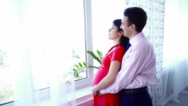 Молодая беременная женщина стоит рядом с мужем и смотрит в окно — стоковое видео