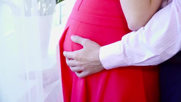 Těhotná žena stojící vedle svého manžela a při pohledu na detailní okno — Stock video