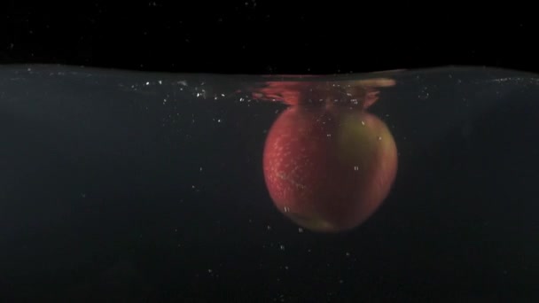 Närbild av rött äpple falla i vatten på svart backgrond slow motion — Stockvideo