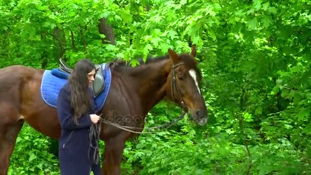 Jovem caminhando com o cavalo na floresta — Vídeo de Stock