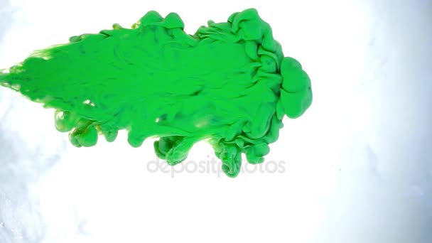 Inchiostro di colore verde brillante versando in acqua su texture sfondo bianco — Video Stock