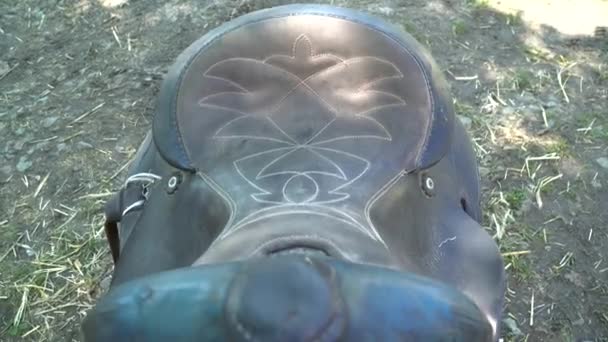 Closeup of a vintage leather saddle on the hay — Stock Video