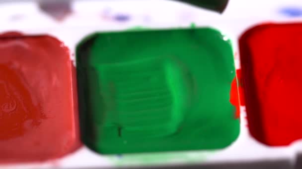 Cepillo tomando acuarela verde de la paleta de colores primer plano cámara lenta — Vídeo de stock