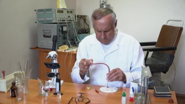 Профессор работает в лаборатории с микроскопом — стоковое видео